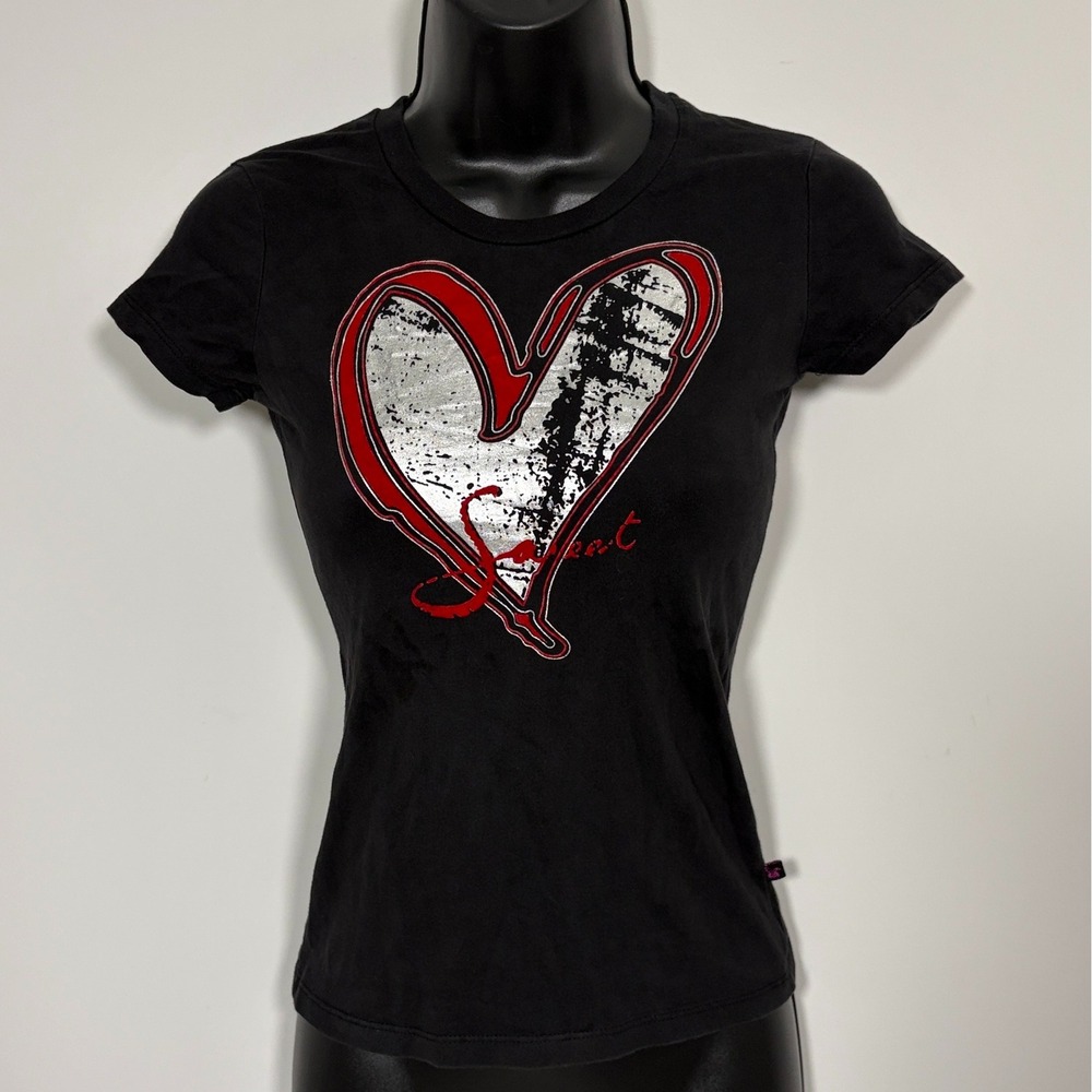 Y2K emo T-Shirt Heart Graphic Foil Print Size S Black grunge